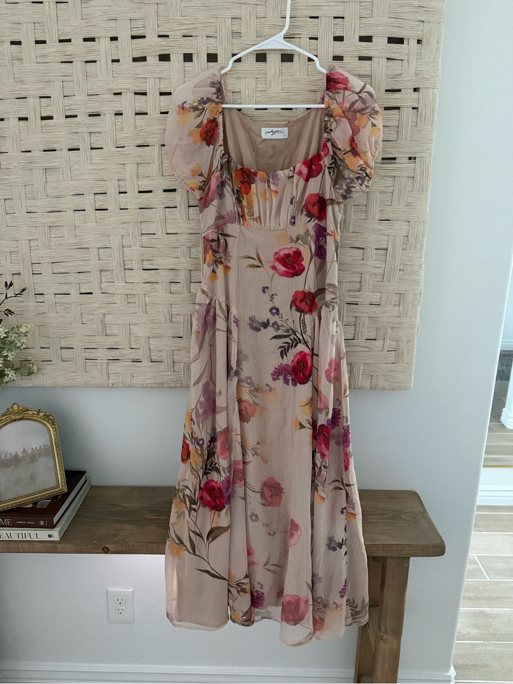 Carly Jean Los Angeles Blush Floral Maxi Dress with Puff Sleeves